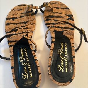 Beverly Feldman Cork Sandals - Black and Tan